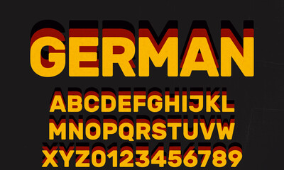 German font, alphabet letter set and numbers with colors of the Germany flag, black, red, yellow, bold typeface, creative uppercase typography for poster, banner, flyer