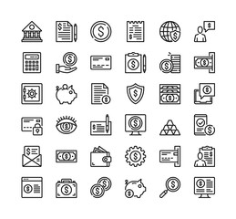 Money line icons. Vector thin line design. Finance, banking, financial concepts. Premium quality. Modern linear elements, simple outline symbols collection. Pixel perfect. Vector money icons set