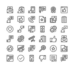 Customer feedback line icons. Vector thin line design. Customer satisfaction, user experience, online survey concepts. Premium quality. Simple outline symbols. Pixel perfect. Vector feedback icons set