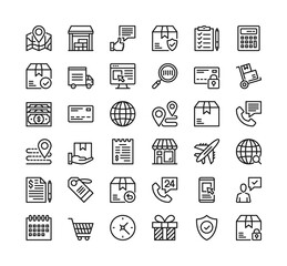 Delivery line icons. Vector thin line design. Shipping, transportation, logistics concepts. Premium quality. Modern simple outline symbols collection. Pixel perfect. Vector delivery icons set