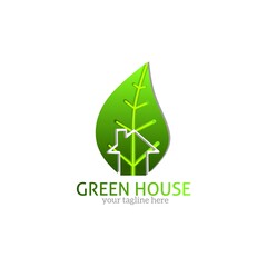 Leaves and house buildings symbolizing a green house to reduce global warming. Ilustration leaf and house design logo. 
