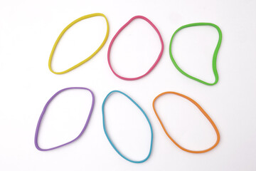 Colorful multi color elastic rubber bands isolated on white