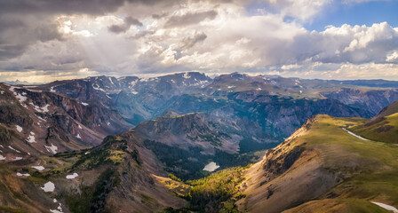 Dramatic clouds and sunlight on the Beartooth Highway scenic byway - overlook