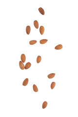 Almonds falling isolated on white background with clipping path.