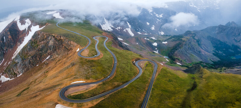Fog on the Beartooth Highway winding scenic drive - vista of the pass 