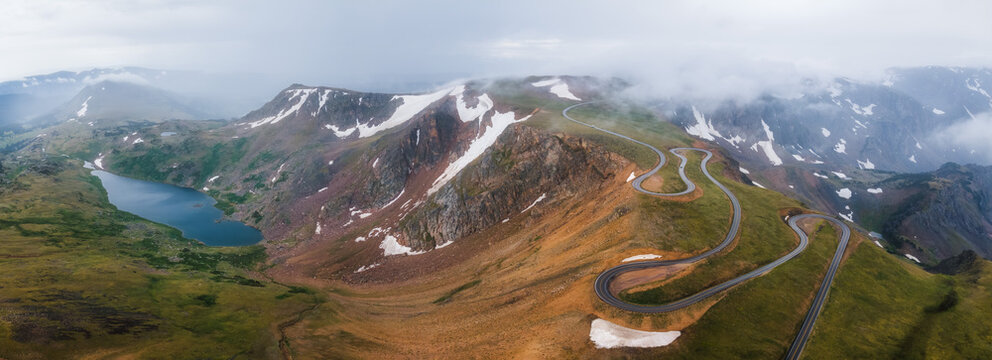 Fog on the Beartooth Highway winding scenic drive - vista of the pass 