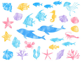 海の生き物の水彩風イラストセット