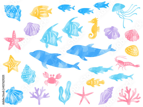 海の生き物の水彩風イラストセット Animal Wall Mural Anim Nora Hachio