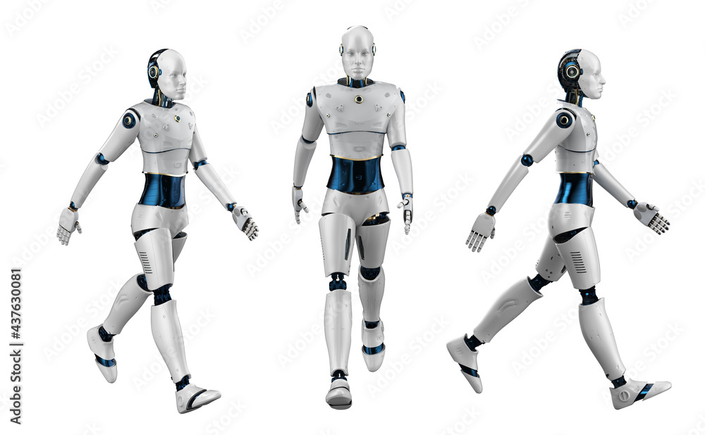 Poster set of artificial intelligence robots or cyborgs move