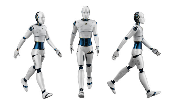 set of artificial intelligence robots or cyborgs move