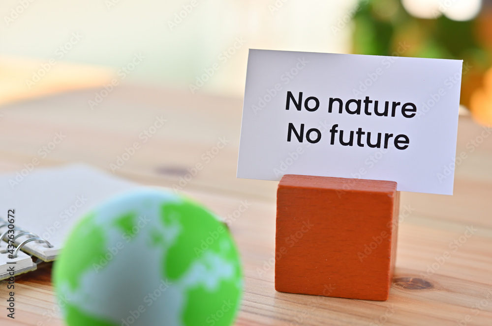 Poster on the desk there is a ball of earth and a card with no nature no future written on it.