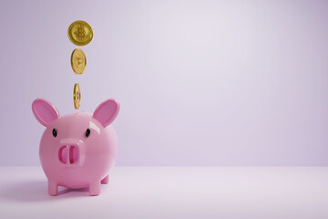 3D A piggy bank in the shape of a pink pig with coins falling down and dropping into the can.