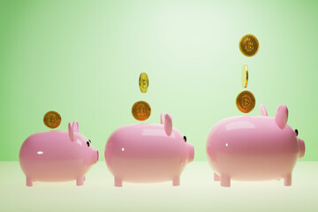 3D Piggy bank in the shape of a pink pig in a corner with coins falling down into the jar
