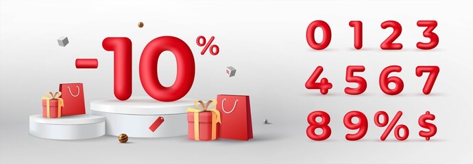 3D Red Discount numbers on podium with shopping bag and gift box vector. Price off tag design collection. 0, 1, 2, 3, 4, 5, 6, 7, 8, 9, percent and dollar illustration. - obrazy, fototapety, plakaty