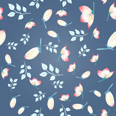 Seamless pattern with pink hellebore flowers, buds, leaves, decorative twigs on white isolated . Watercolor illustration, handmade.