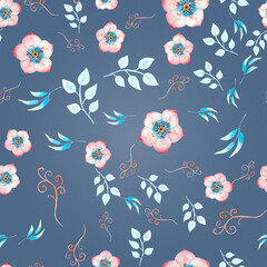 Seamless pattern with pink hellebore flowers, buds, leaves, decorative twigs on white isolated . Watercolor illustration, handmade.