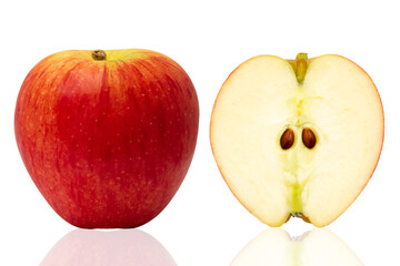 Red apple whole and halves piece isolated on white background