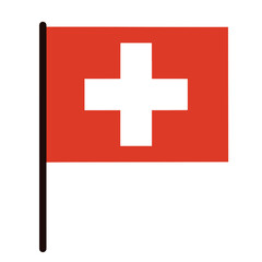 Obraz premium Switzerland flag is rectangular. State banner on a pole. Country symbol. White cross on red. Isolated icon on white background. National standard.