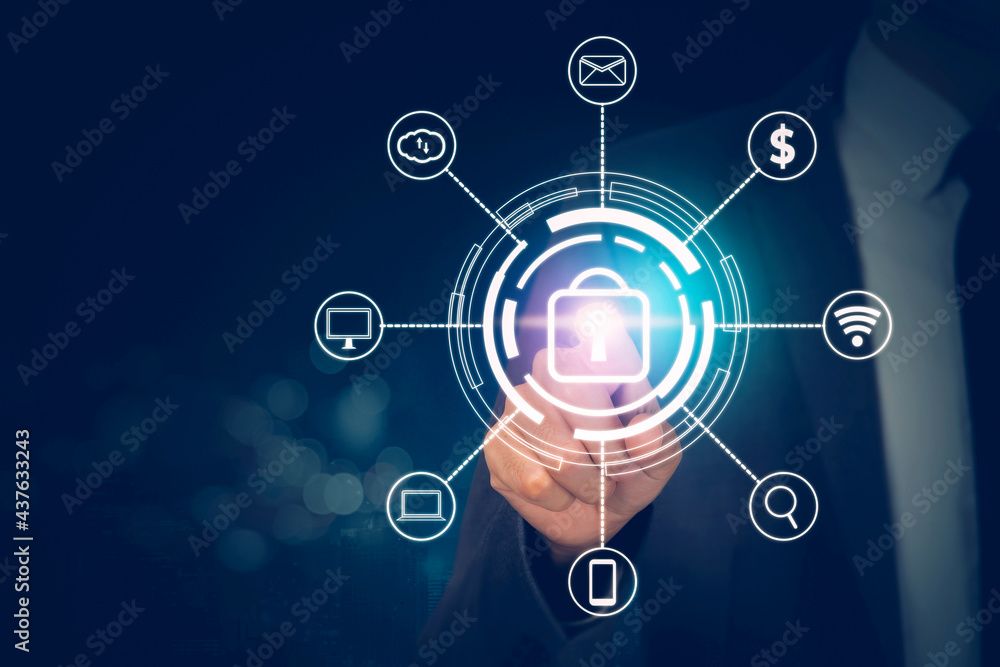 Poster hand of businessman pushing icon lock sign while cyber security with access with finger, data and pr