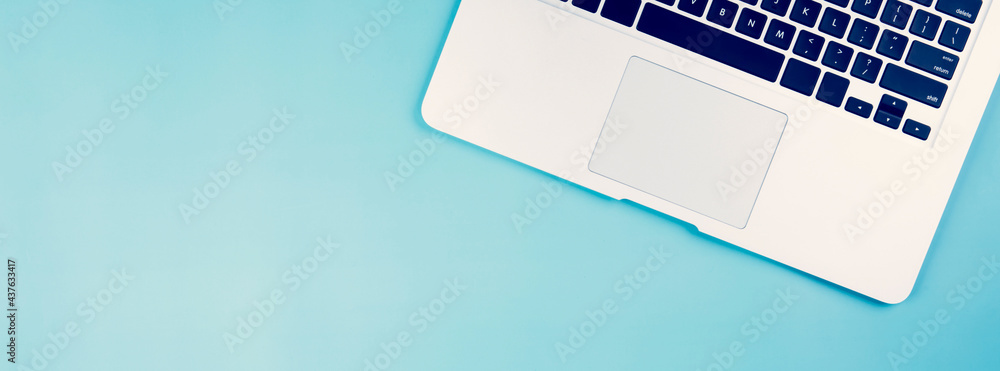 Poster flat lay of laptop computer on desk in office, workplace and notebook and keyboard, workspace and co