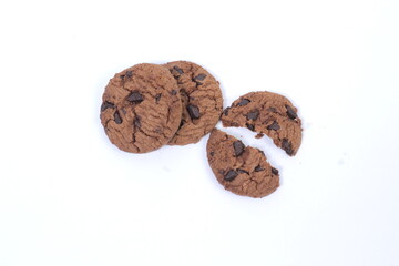 pile of choco chip cookies, delicious tasty on isolated white background