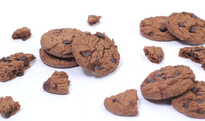 Spread of choco chip cookies, delicious tasty on isolated white background