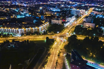 Fototapeta na wymiar lights of the city Minsk, Belarus at night from above. aerial drone photo.