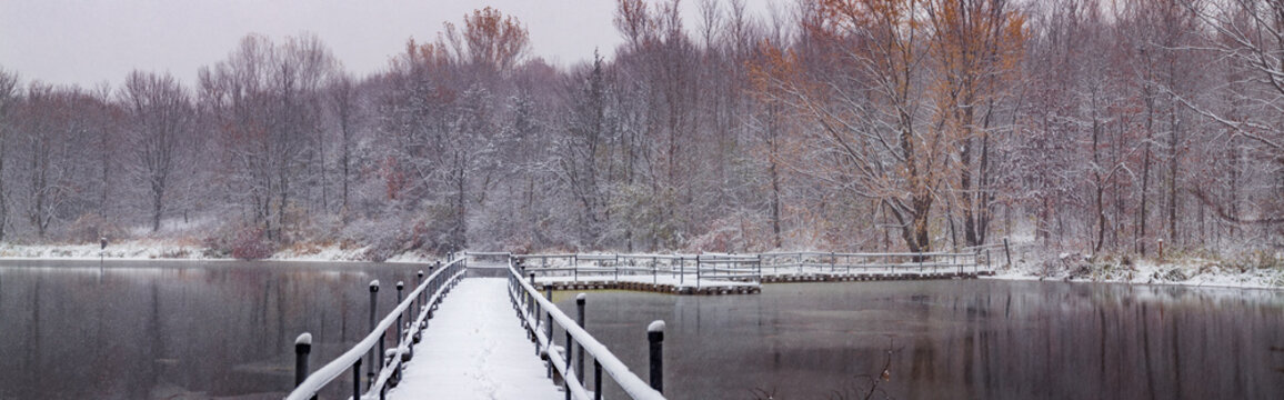 Snow Covered Bridge in Winter Forest Snowfall