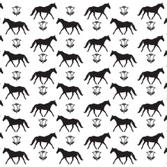 seamless pattern of black horse silhouette and rose flower isolated on white background