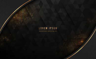 Black curve shape and gold lines abstract background with triangle pattern, golden glittering dots. Vector illustration