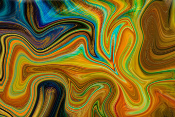 Beautiful abstract background. Golden and turquoise mixed acrylic paints. Marble texture. Contemporary art.