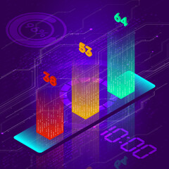 The histogram. Multi-colored graph on a purple background. Growing chart. Isometry. Vector.