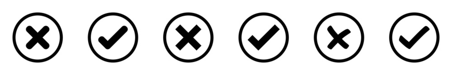 Obraz premium Conjunto de iconos de incorrecto y correcto, dentro de un círculo. Elementos gráficos, x y visto negro. Ilustración vectorial, diferentes diseños