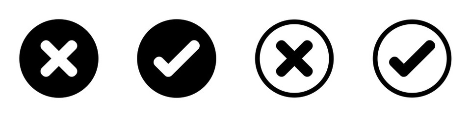 Conjunto de iconos de incorrecto y correcto, dentro de un círculo con y sin relleno. Elementos gráficos, x y visto negro. Ilustración vectorial, diferentes diseños - obrazy, fototapety, plakaty