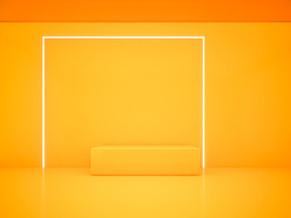 3d rendering. orange Podium  and lighting line orange background.minimalist concept
