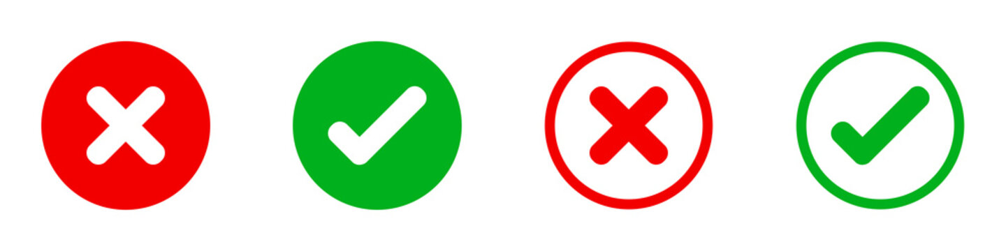 Conjunto de iconos de incorrecto y correcto, dentro de un c&iacute;rculo con y sin relleno. Elementos gr&aacute;ficos, x roja y visto verde. Ilustraci&oacute;n vectorial, diferentes dise&ntilde;os