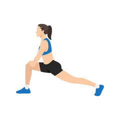 Fototapeta na wymiar Woman doing Runner lunge stretch exercise. Flat vector illustration isolated on white background