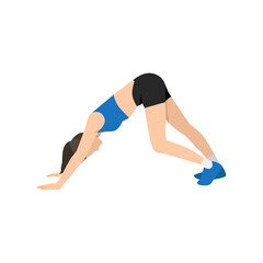 Woman doing Downward dog stretch exercise. Flat vector illustration isolated on white background