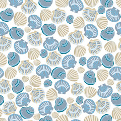 Nautical beach seamless pattern theme with multi seashells on white background.