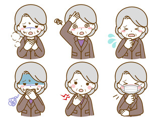 体調の悪いスーツを着た高齢女性