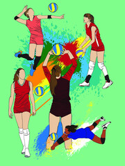 Multi-action female volleyball player vector illustration for illustrative purposes.