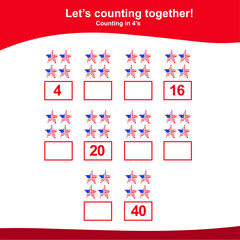 Obraz na płótnie Canvas American Independence Day counting game for Preschool Children. This worksheet is suitable for educating early age children to count multiples of four. Educational printable math worksheet. Additional