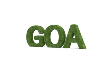 3d rendering of green grass GOA word isolated on white background