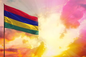 Fluttering Mauritius flag in top left corner mockup with the space for your text on beautiful colorful sunset or sunrise background.