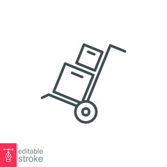 Box trolley line icon, move truck cargo carrier, bag cart delivery, flat luggage suitcase. Packaging Symbol. Hand truck with box editable stroke vector illustration design on white background. EPS 10