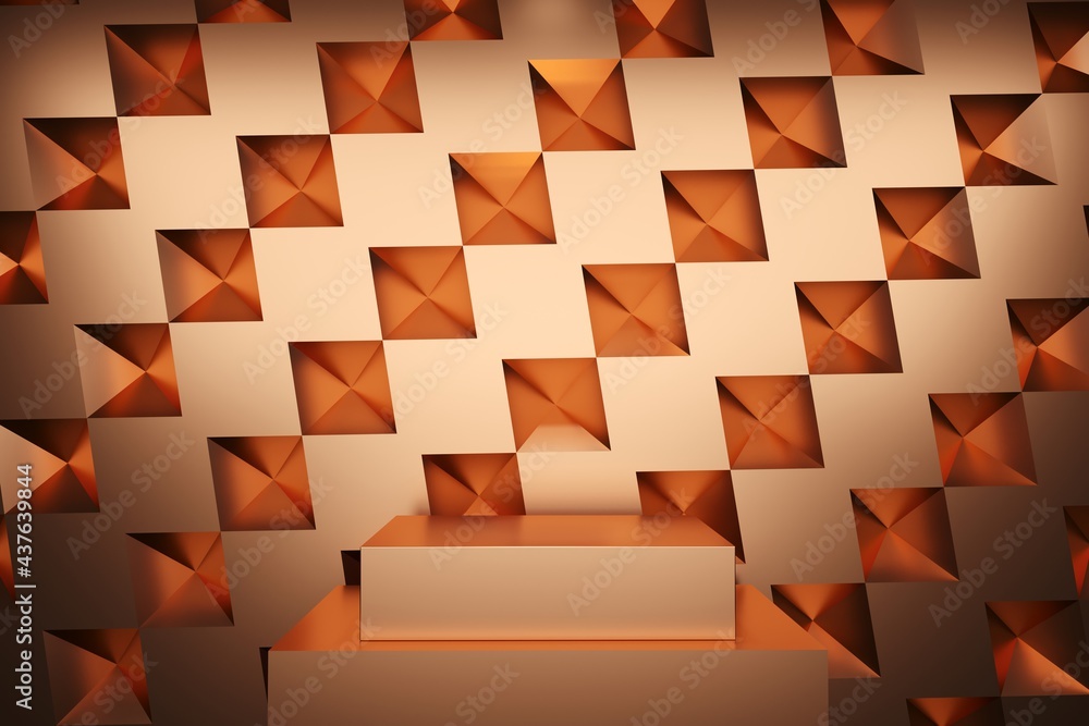 Poster copper metal color stage mock up stack backdrop for copy space. 3d rendering. minimal idea concept d