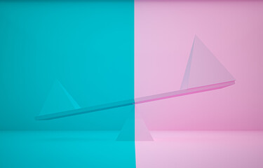 3D rendering pink and blue pyramid different size on plank and differnt color background.Balance concept.minimalist concept.