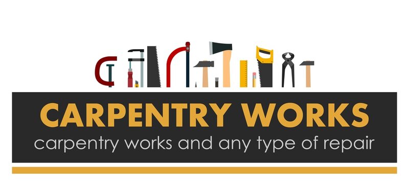 Carpentry works. Any type of repair. Logo of handyman services. Carpenter. Hand tools of universal workshop. Home repair service. Woodworking carpentry shop. Foreman of woodworks. Isolated.