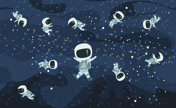 Astronauts in spacesuits. Cosmos background. Childrens illustration. Starry sky landscape. Dark colors. Flat style. Cartoon design. Vector