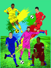 Vector illustration of football players in various poses. For illustration purposes.